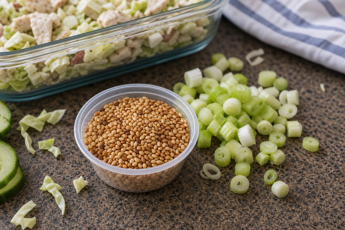 Sesame seeds and sliced scallions kept separate for teriyaki chicken cabbage salad.