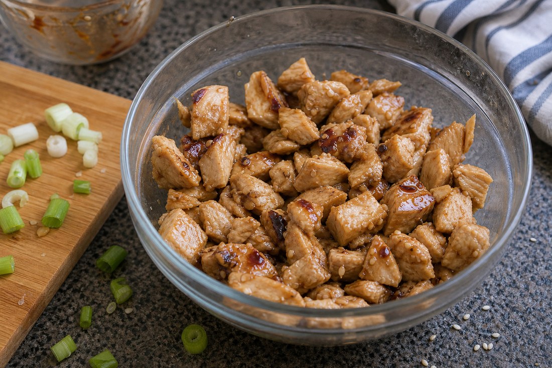 Cooked teriyaki chicken pieces cooling in a bowl with scallions nearby.
