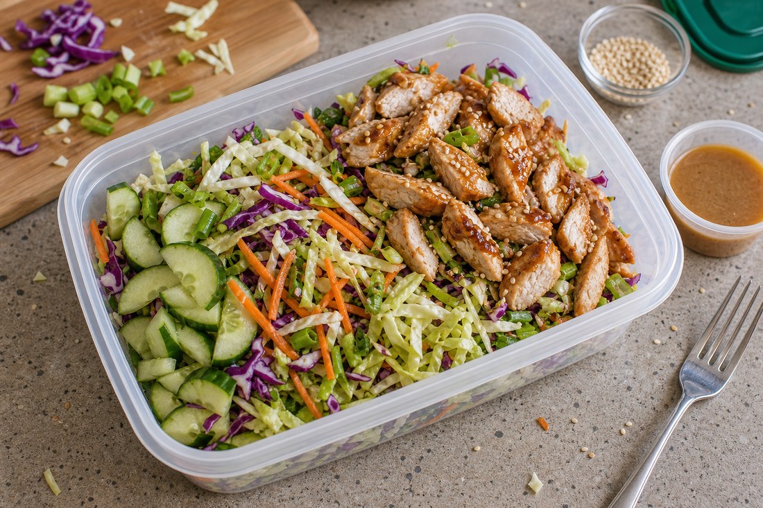 Teriyaki chicken cabbage salad in a wider lunch container with room to toss.