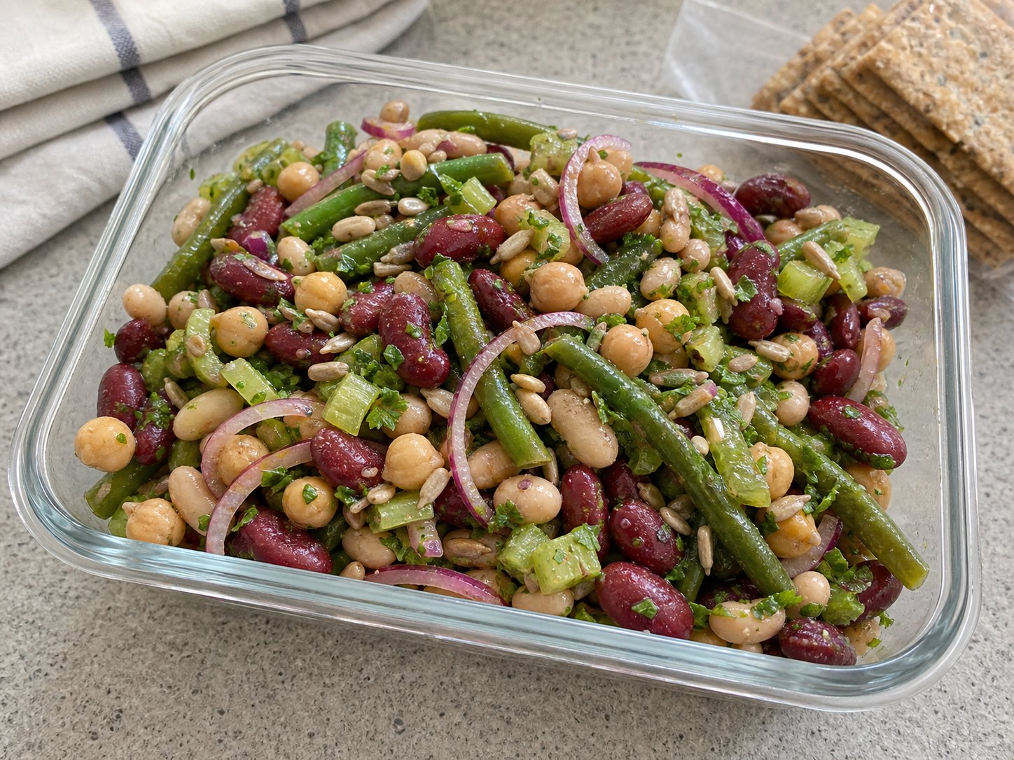 Finished three-bean picnic salad mixed with red wine vinaigrette, green beans, celery, herbs, red onion, and sunflower seeds.