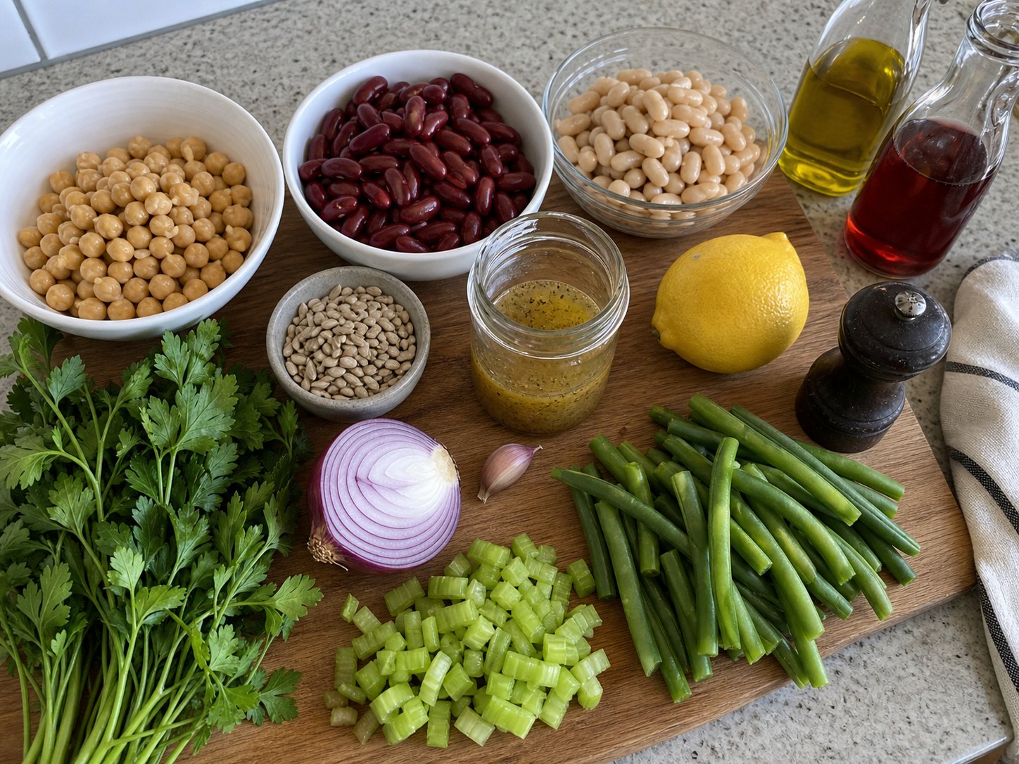 Three-bean picnic salad ingredients with kidney beans, chickpeas, white beans, green beans, celery, parsley, red onion, sunflower seeds, red wine vinegar, olive oil, lemon, garlic, and pepper.
