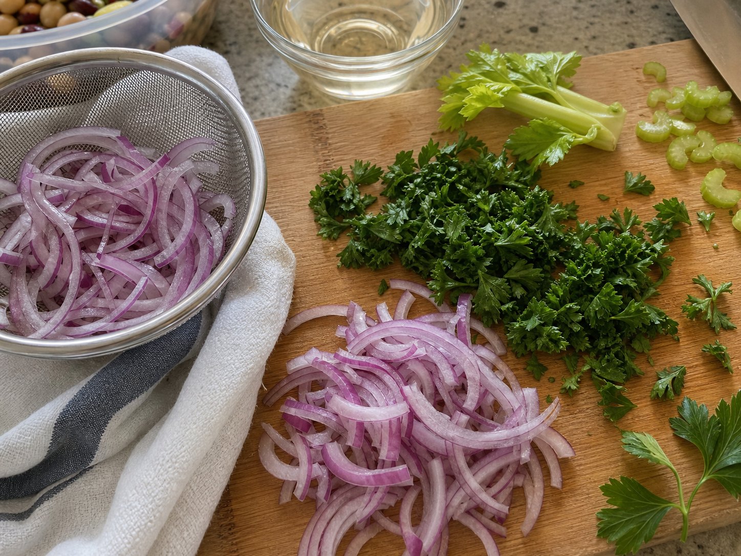 Thin red onion slices and chopped parsley draining before three-bean picnic salad.