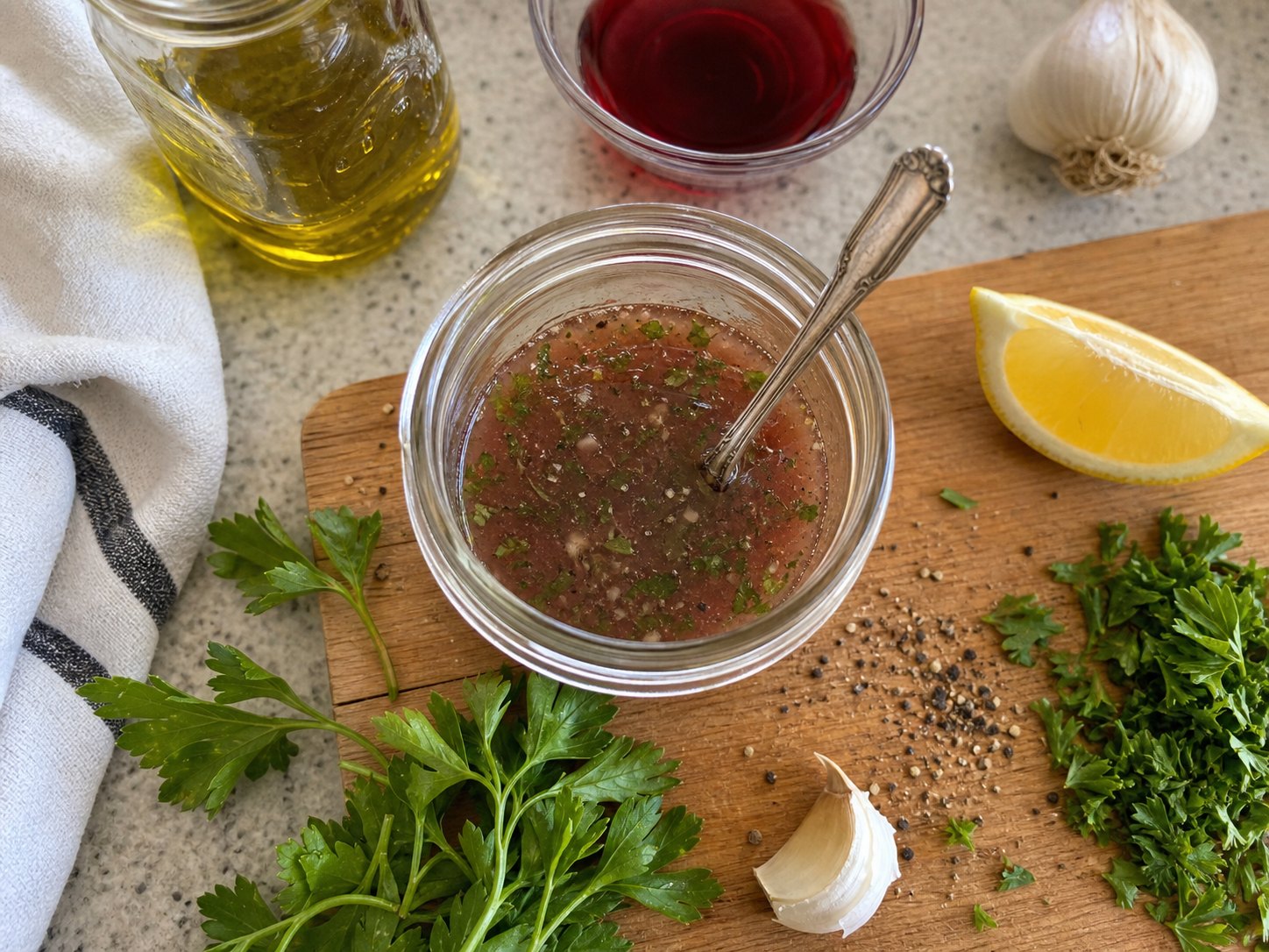 Red wine herb vinaigrette in a small jar with vinegar, olive oil, garlic, parsley, lemon, and pepper.