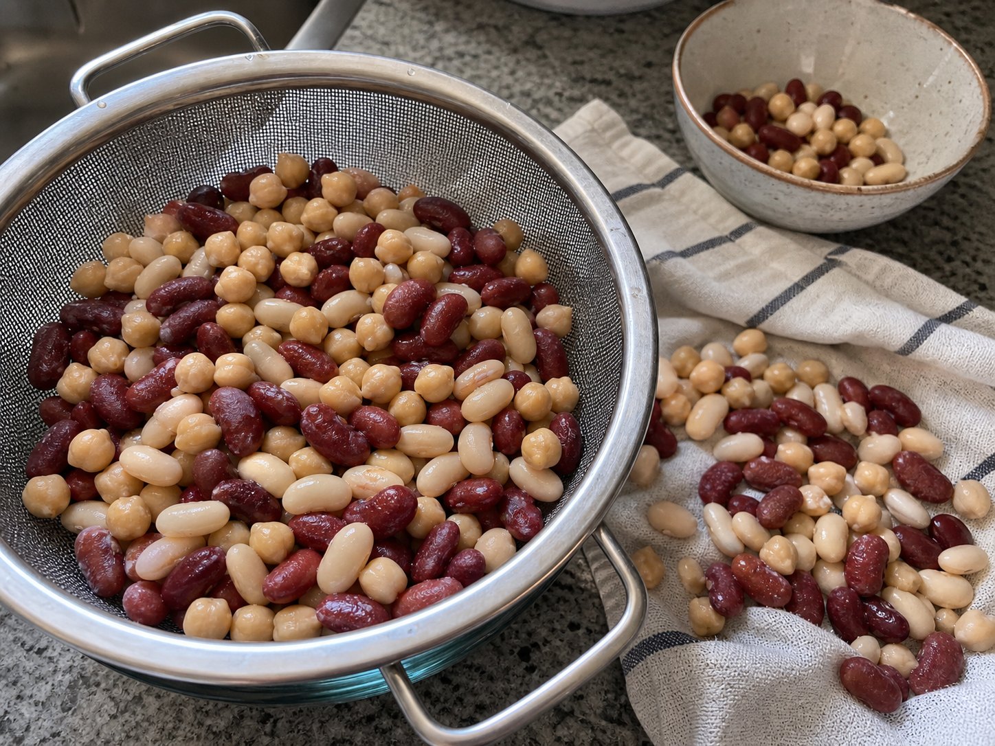 Kidney beans, chickpeas, and white beans rinsed and draining in a colander for three-bean picnic salad.
