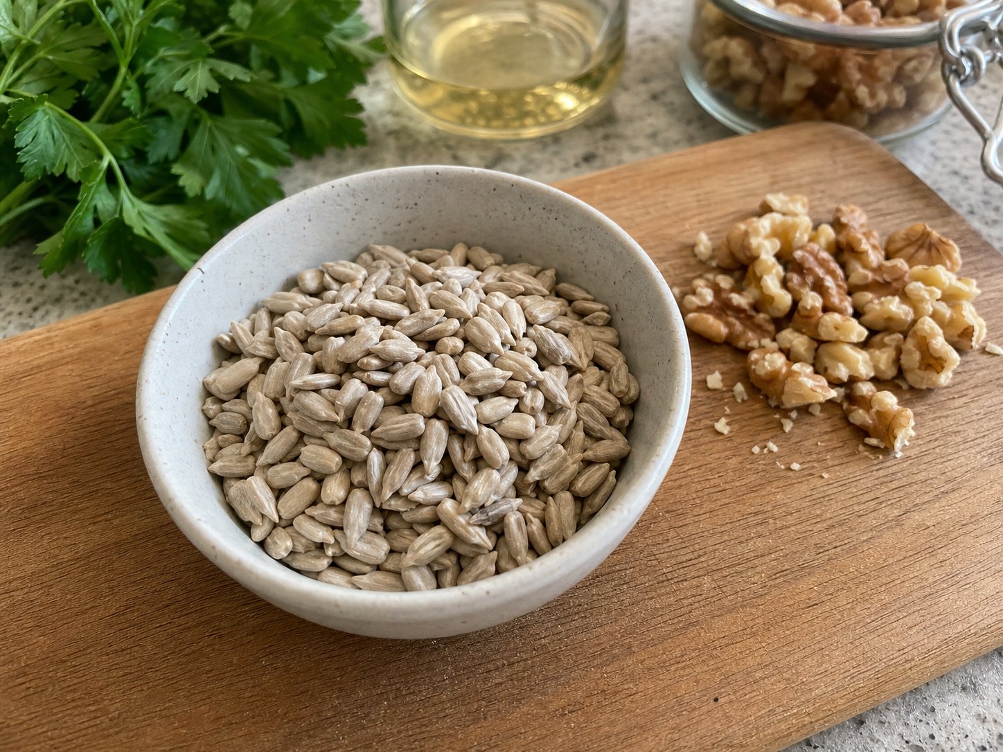 Sunflower seeds kept dry in a small cup before finishing three-bean picnic salad.