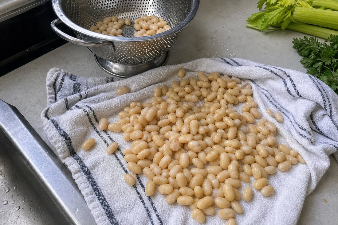 White beans spread on a towel after rinsing and draining for tuna white bean salad.