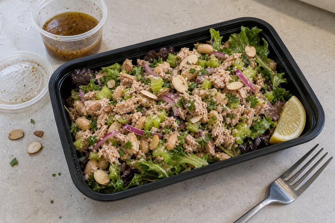 Finished tuna white bean salad in a meal prep container with greens, celery, parsley, red onion, almonds, and lemon.