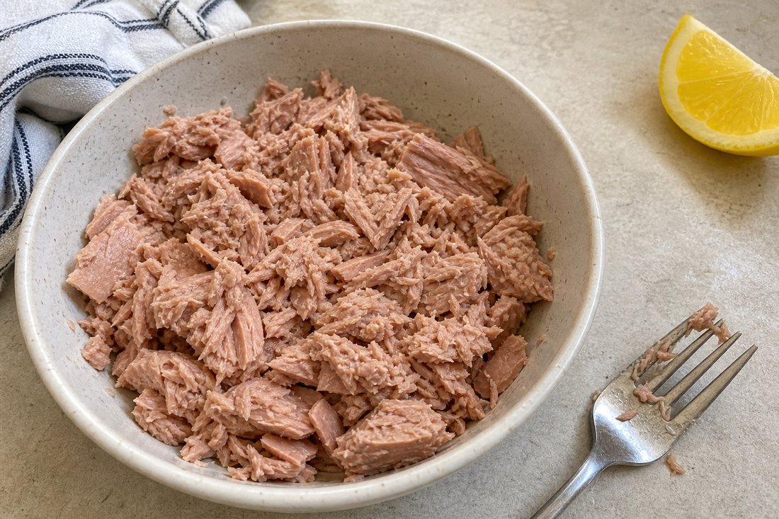 Drained tuna broken into large flakes in a bowl with a fork nearby.