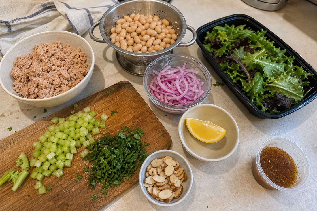 Tuna white bean salad ingredients with tuna, white beans, celery, parsley, red onion, greens, almonds, lemon, and vinaigrette arranged on a kitchen counter.