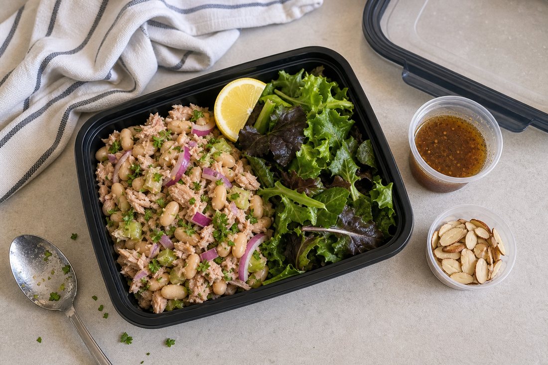 Packed tuna white bean salad box with greens, tuna bean mixture, almonds, and dressing kept in separate areas.