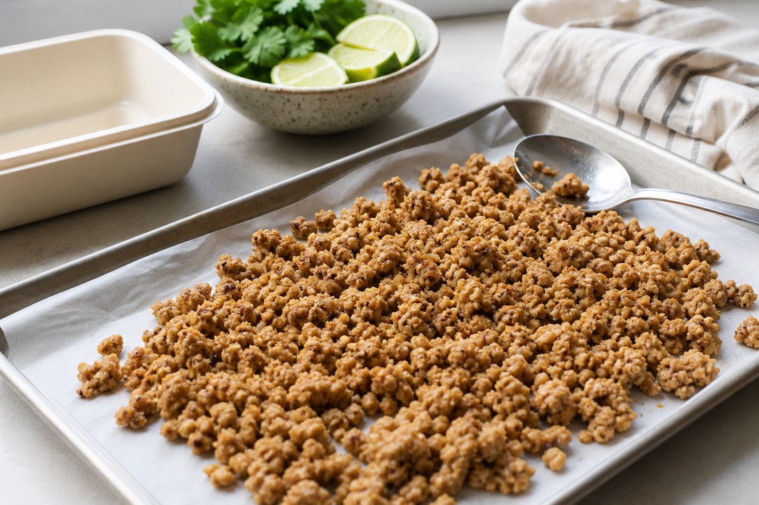 Cooked seasoned ground turkey spread out to cool before turkey taco meal prep salad is packed.