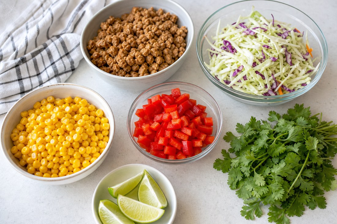 Corn, diced bell pepper, cabbage, cilantro, lime wedges, and cooled ground turkey prepared for turkey taco salad meal prep.