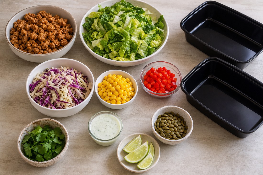 Turkey taco meal prep salad ingredients with cooked ground turkey, romaine, cabbage, corn, bell pepper, lime yogurt dressing, pepitas, cilantro, and lime wedges.