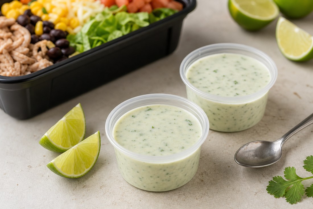 Small cups of lime yogurt dressing for turkey taco meal prep salad.