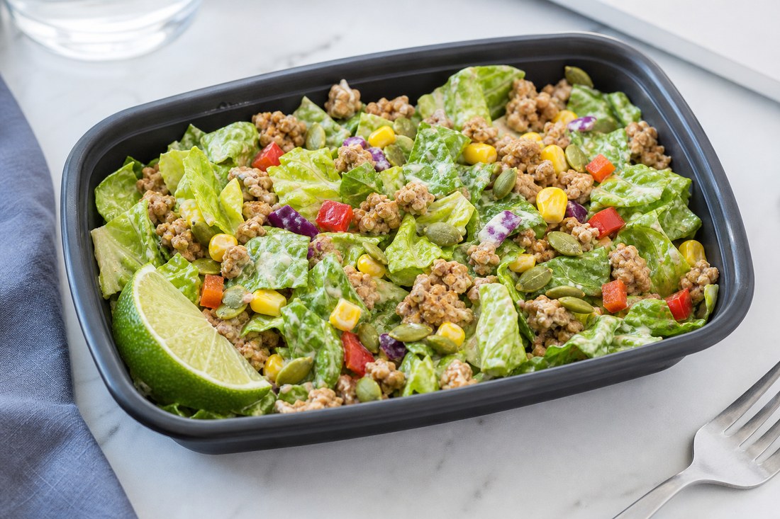 Turkey taco meal prep salad after lime yogurt dressing is added and pepitas are sprinkled on top.