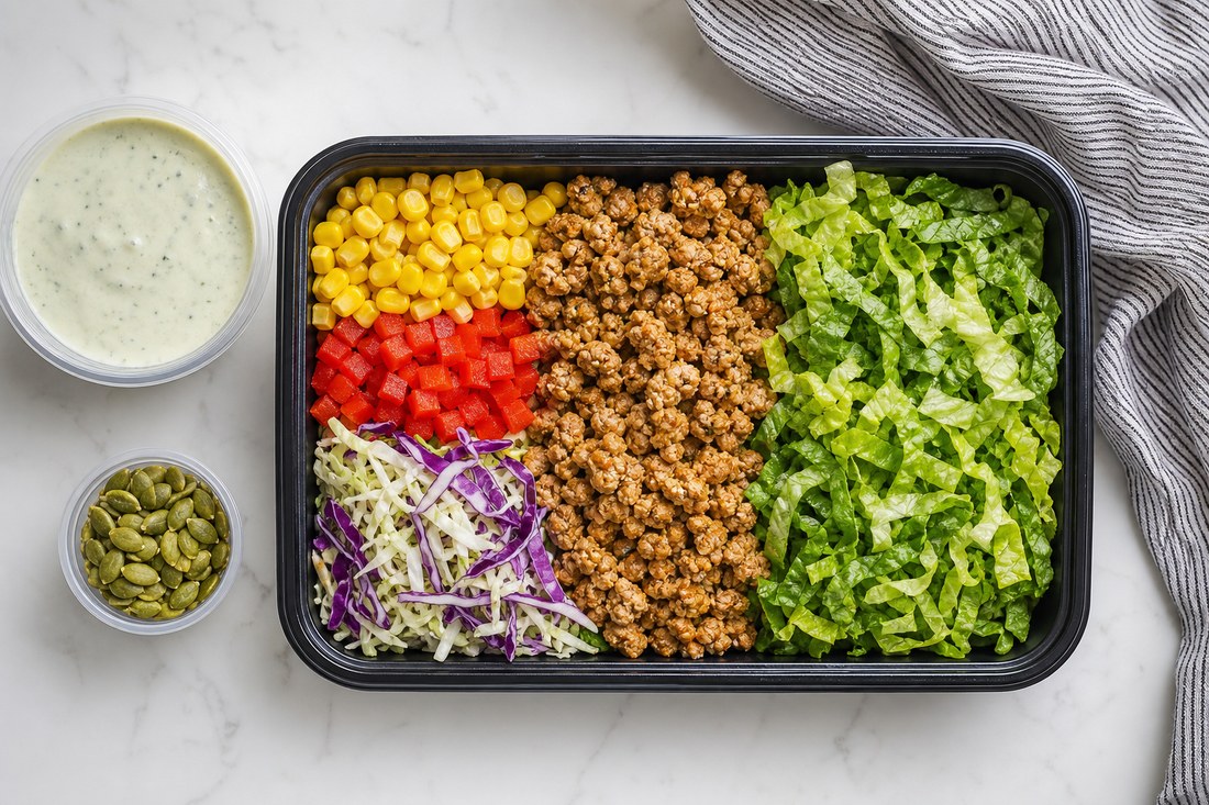 Turkey taco meal prep salad packed before mixing with cooled turkey, romaine, corn, bell pepper, cabbage, dressing cup, and pepitas separate.