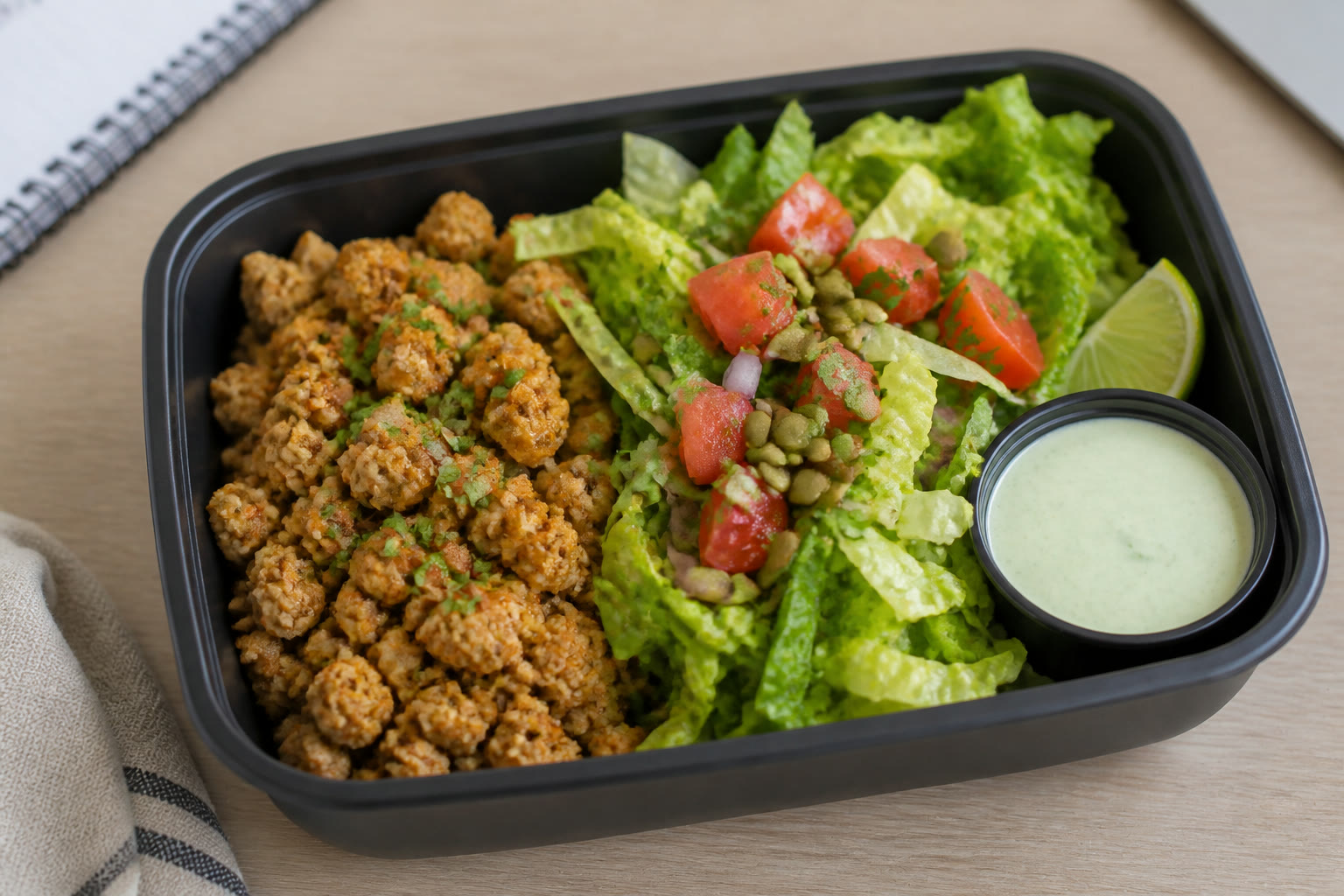 Turkey Taco Meal Prep Salad with Lime Dressing prepared as a workday lunch salad.