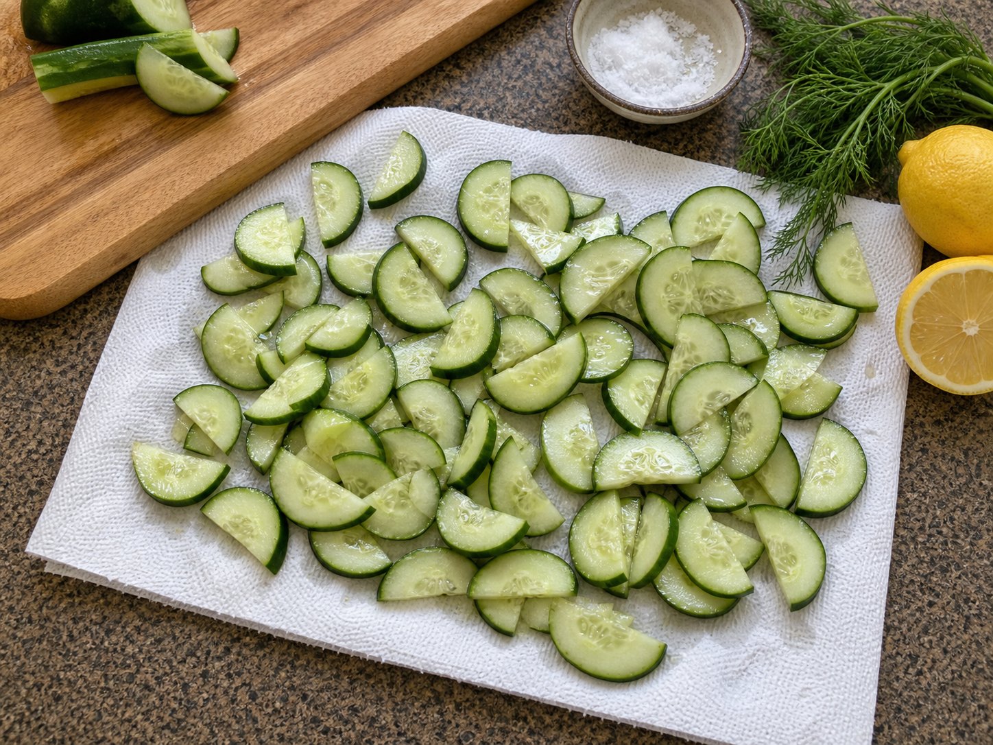Cucumber half-moons resting on a towel with dill and lemon for white bean cucumber feta salad.