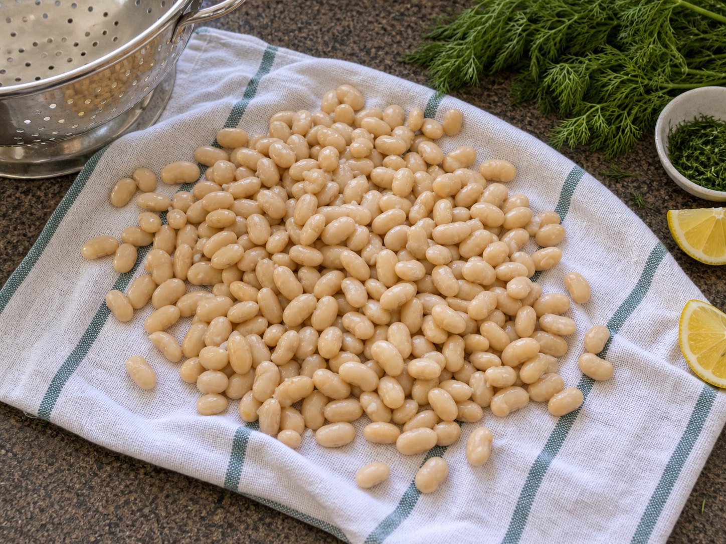 Rinsed white beans draining and drying on a towel before cucumber feta salad.