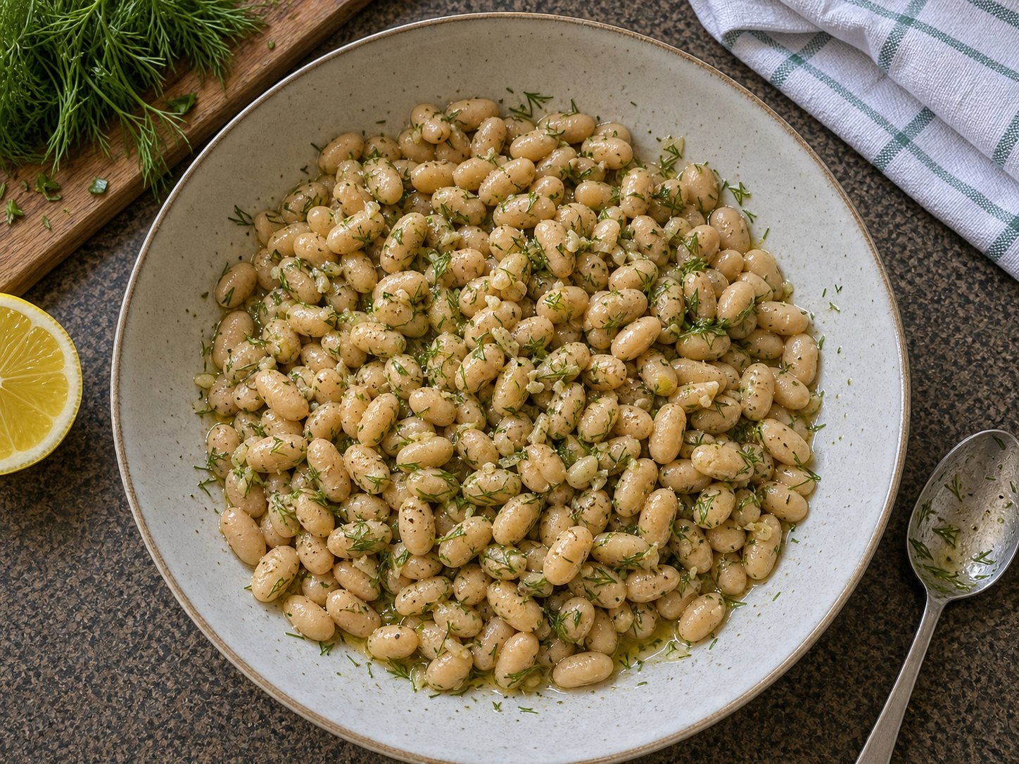 White beans lightly coated with lemon dill vinaigrette before cucumber and feta are added.
