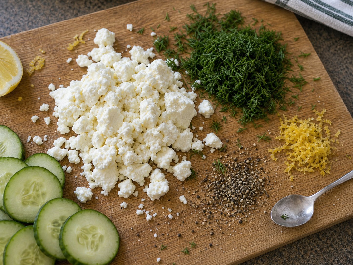 Crumbled feta, chopped dill, lemon zest, pepper, and cucumber slices for white bean cucumber feta salad.