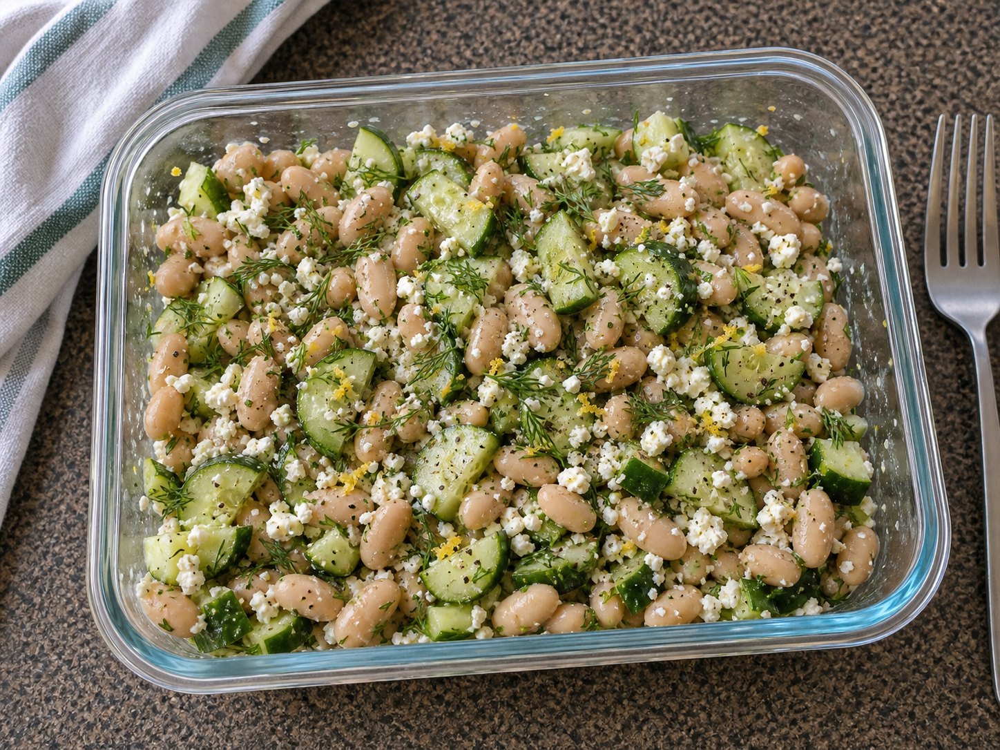 Finished white bean cucumber feta salad lightly folded with dill, lemon dressing, cucumber, and feta in a lunch container.