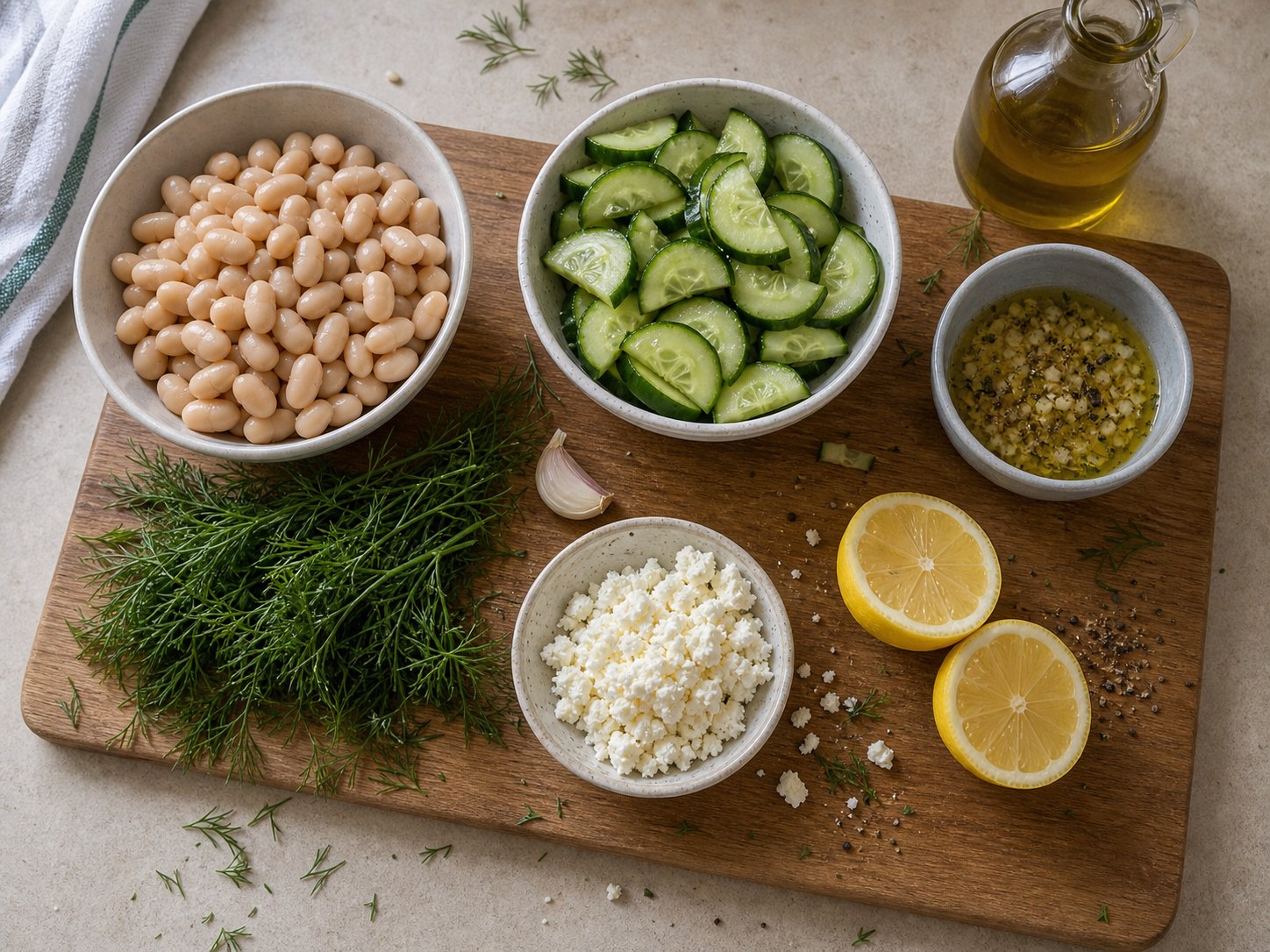 White bean cucumber feta salad ingredients with white beans, cucumber slices, feta, dill, lemon, olive oil, garlic, and dressing ingredients.