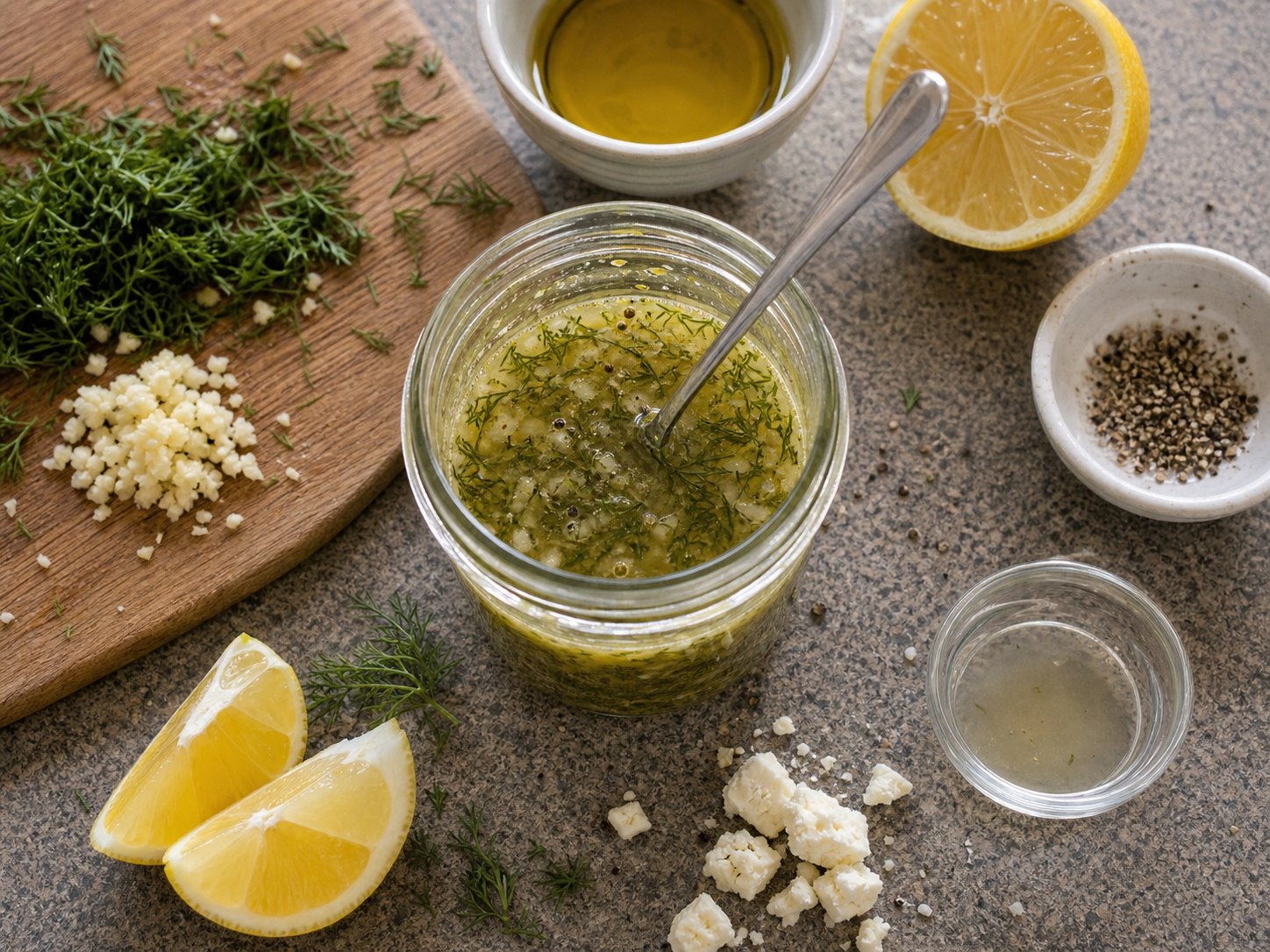 Lemon dill vinaigrette in a jar with chopped dill, garlic, lemon, olive oil, and pepper.
