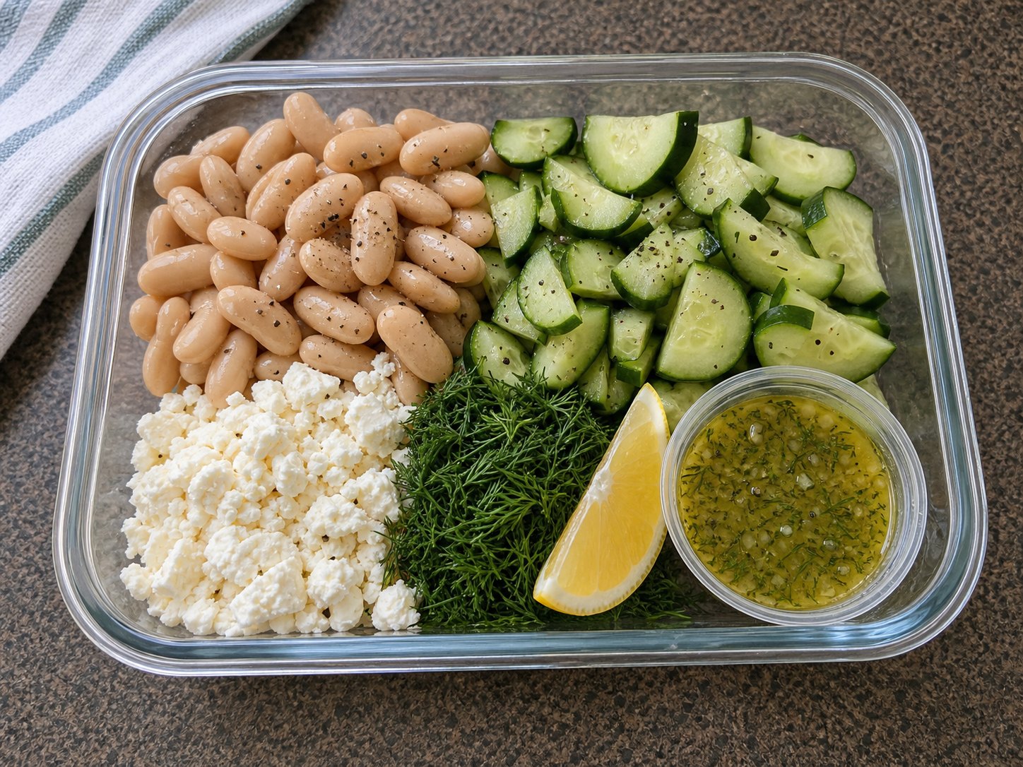 Unmixed white bean cucumber feta salad in a glass lunch container with beans, cucumber, feta, dill, lemon, and dressing cup.