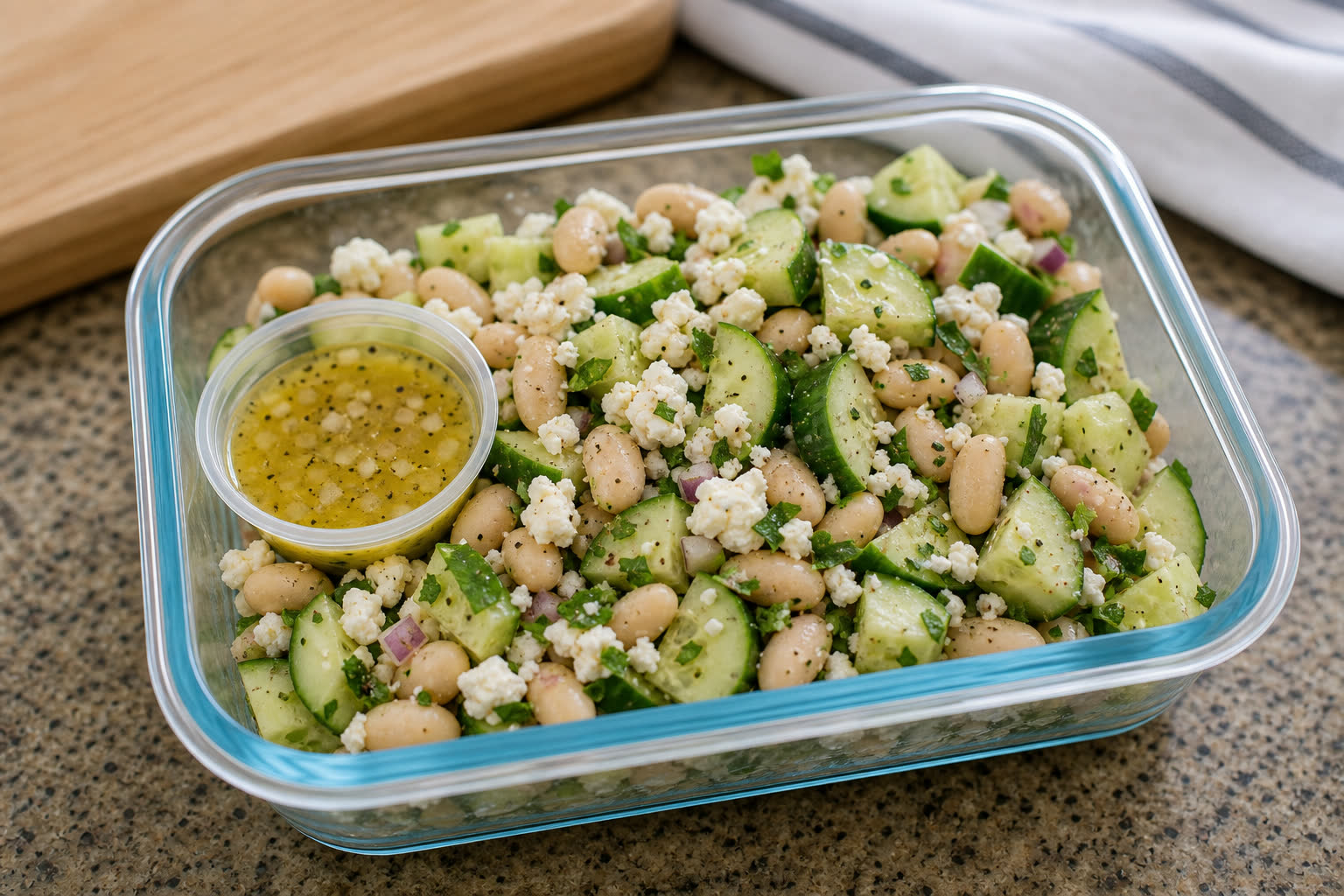 White Bean Cucumber Salad with Feta prepared as a workday lunch salad.