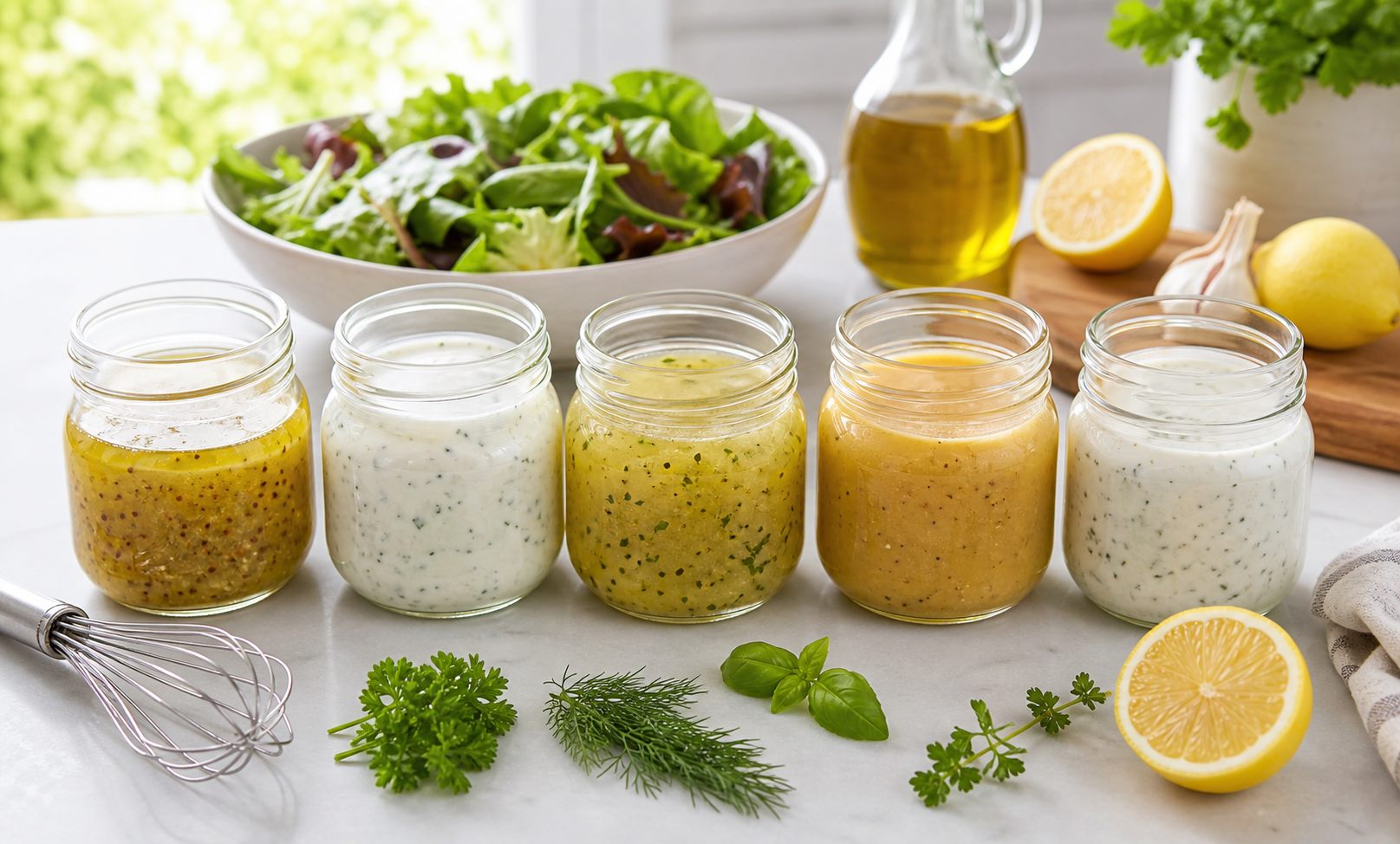 Salad Dressings prepared for lunch.