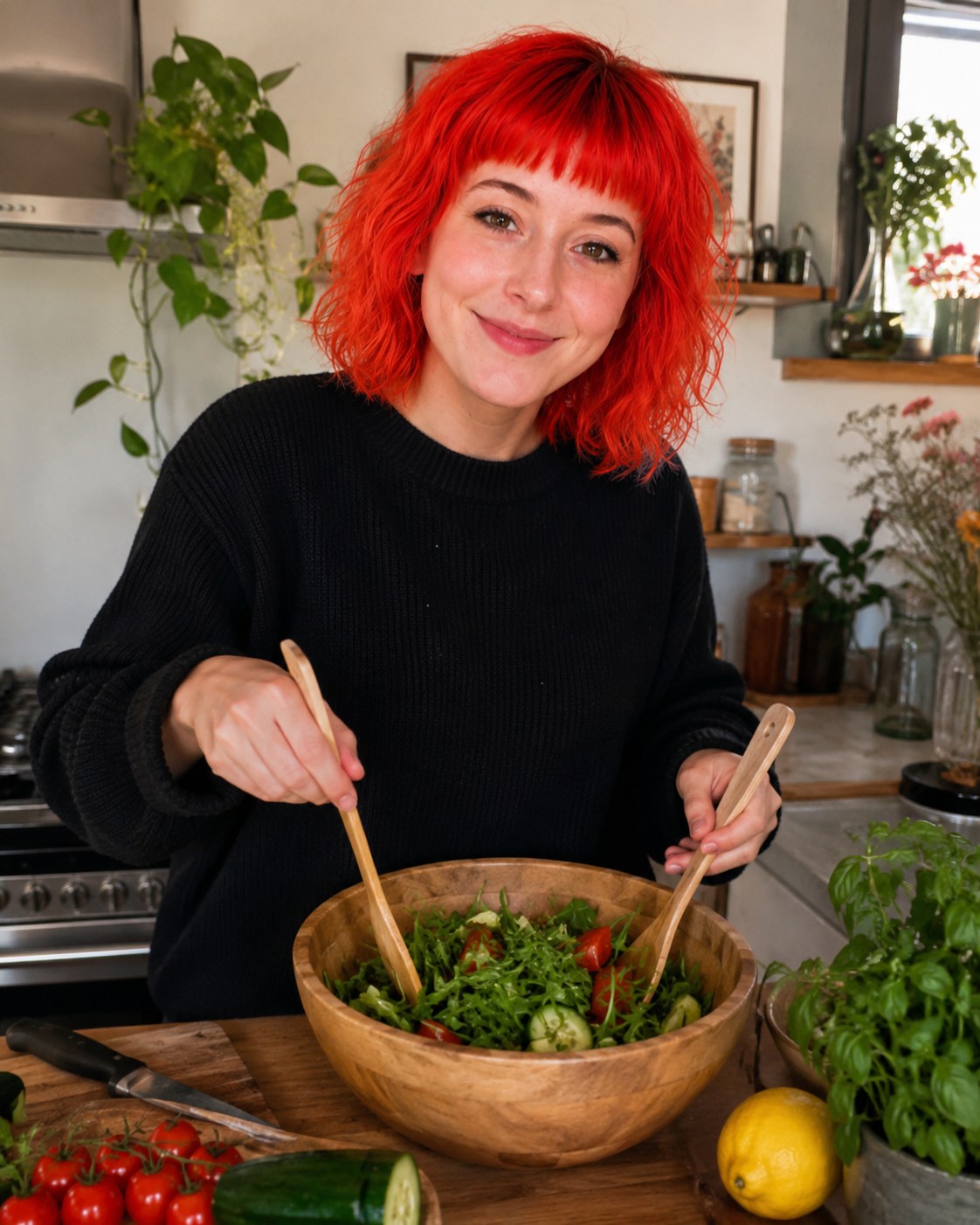 Delaney Frances Crane mixing a green salad in a wooden bowl at home.