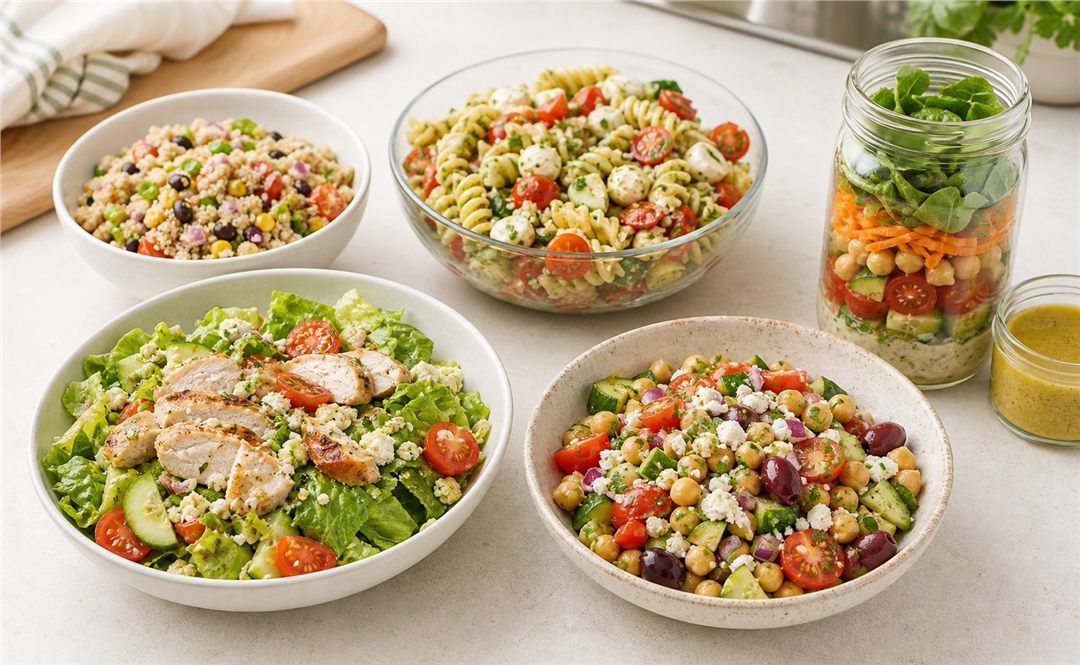 A table spread with several different make-ahead workday salads, including leafy, chickpea, pasta, grain, and jar salads.